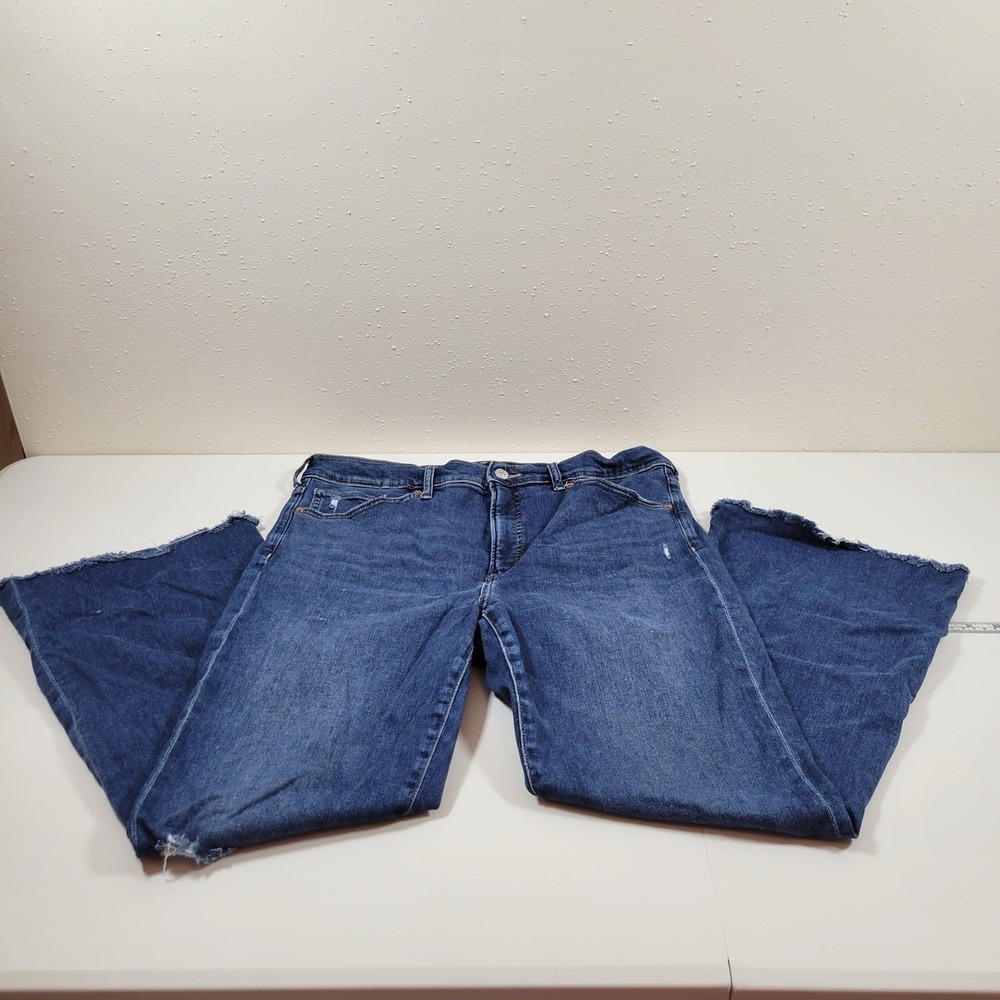 Express Women's Jeans Flare High Rise Distressed Raw Hem Size 14 Regular Blue